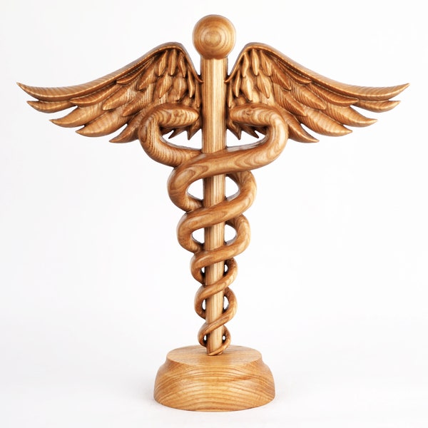 Caduceus Sculpture, 12" Medical Symbol Statue, Hand Carved Handmade Figurines, Gift for Doctor, Medicine Sculpture, Wooden Craft Statue