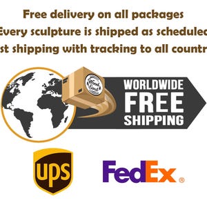 May include: Image with text: "Free delivery on all packages. Every sculpture is shipped as scheduled. Fast shipping with tracking to all countries." Includes a globe, a box, and the words "WORLDWIDE FREE SHIPPING". Also includes the UPS and FedEx logos.