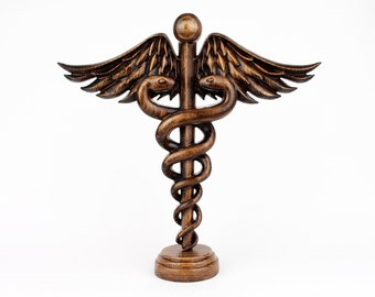 Symbole médical sculpté en bois sculpté à la main, cadeau de remise des diplômes, sculpture en caducée pour le docteur, statue de caducée, personnel d&#39;Esclepiu, sculpture d&#39;Asclépios