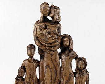 Familia de madera de 7, figura familiar de madera, escultura familiar, estatua familiar, decoración familiar, decoración de pared, regalo decorativo tallado a mano familiar