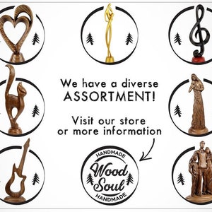 May include: A collection of wooden sculptures, including a heart, a cat, a guitar, a treble clef, a woman holding a baby, and a family of three. The sculptures are all hand-carved and have a rustic, natural look. The text "We have a diverse ASSORTMENT! Visit our store or more information HANDMADE Wood Soul HANDMADE" is displayed on the image.
