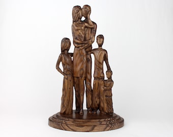 Family figurines, couple sculpture, wood carved family, hand carved personalized statue, table wood sculpture
