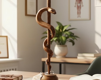 Wood Rod of Asclepius Statue | Doctor Gift & Med Graduation | Wooden Snake Figurine