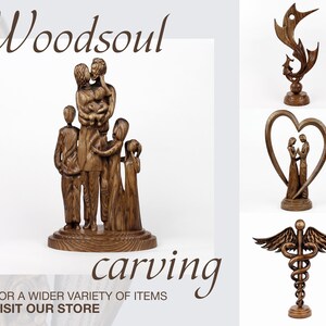May include: Wooden carvings of a family, a couple in a heart, a bird, and a medical symbol. The carvings are all made of dark wood and have a rustic look. "Woodsoul carving" is written in the image.  "For a wider variety of items visit our store" is also written in the image.