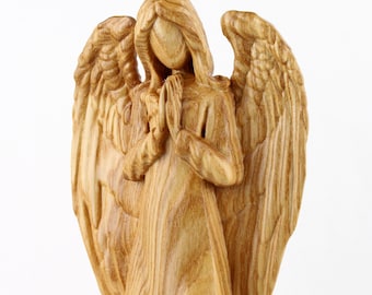 Wood angel figurine, guardian angel decor, large angel statue, angel carving art, saint figurine, deco saint figurine. baptism gifts
