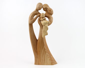 Wooden Family Sculpture, Handmade Baby Statue, New Parent Gift