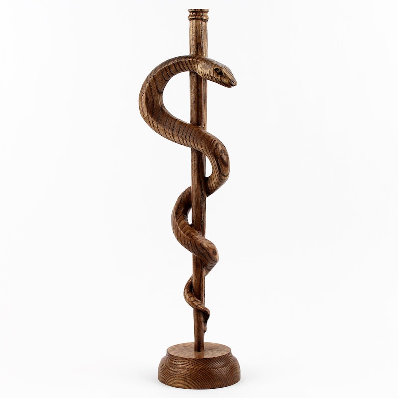 Expertly carved from premium natural wood, this Rod of Asclepius sculpture features a smooth finish and finely detailed craftsmanship. 

The natural wood grain makes each piece one-of-a-kind, celebrating the tradition of handmade art. 

Whether displayed in a clinic, hospital, or personal office, this medical symbol adds a professional and meaningful touch to any space.