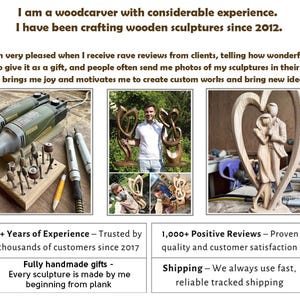 May include: The image showcases a woodcarver's work, including tools and finished sculptures. The text highlights the woodcarver's experience since 2012, positive reviews, and handmade gifts. The image includes a wooden sculpture of a couple embracing within a heart.