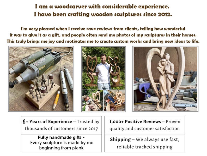 May include: The image showcases a woodcarver's work, including tools and finished sculptures. The text highlights the woodcarver's experience since 2012, positive reviews, and handmade gifts. The image includes a wooden sculpture of a couple embracing within a heart.