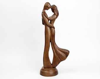 Hand-Carved Wooden Soulmate Statue - Abstract Minimalist Oak Sculpture for Couples