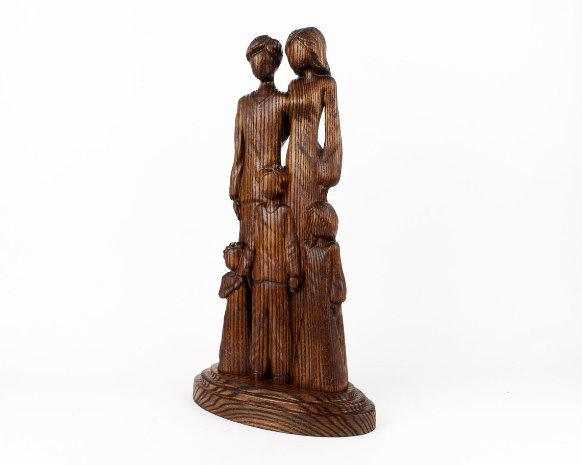 Family of 5 Parents with kids Wooden Family Statue Anniversary image 0