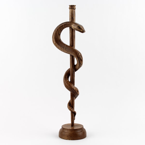 Wood Rod of Asclepius Symbol Statue, 12" Wooden Medical Symbol, Gift for New Doctor, Graduation Gift for Medical Student, Snake Figurine