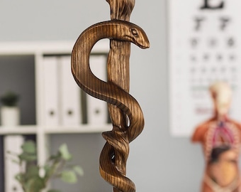 Scultura in legno del Bastone di Asclepio - Regalo di laurea in medicina per un medico - Scultura del Bastone di Asclepio intagliata a mano