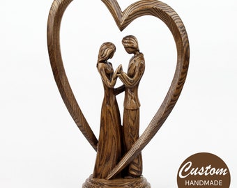 Wedding anniversary gift for wife, wood heart with couples statue, wood carving, custom handmade gift, engraved gift, personalized gift