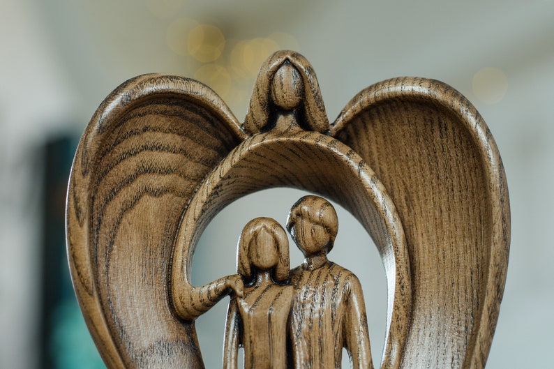 Guardian Angel Family Statue Family of 4 Parents with Children Carved