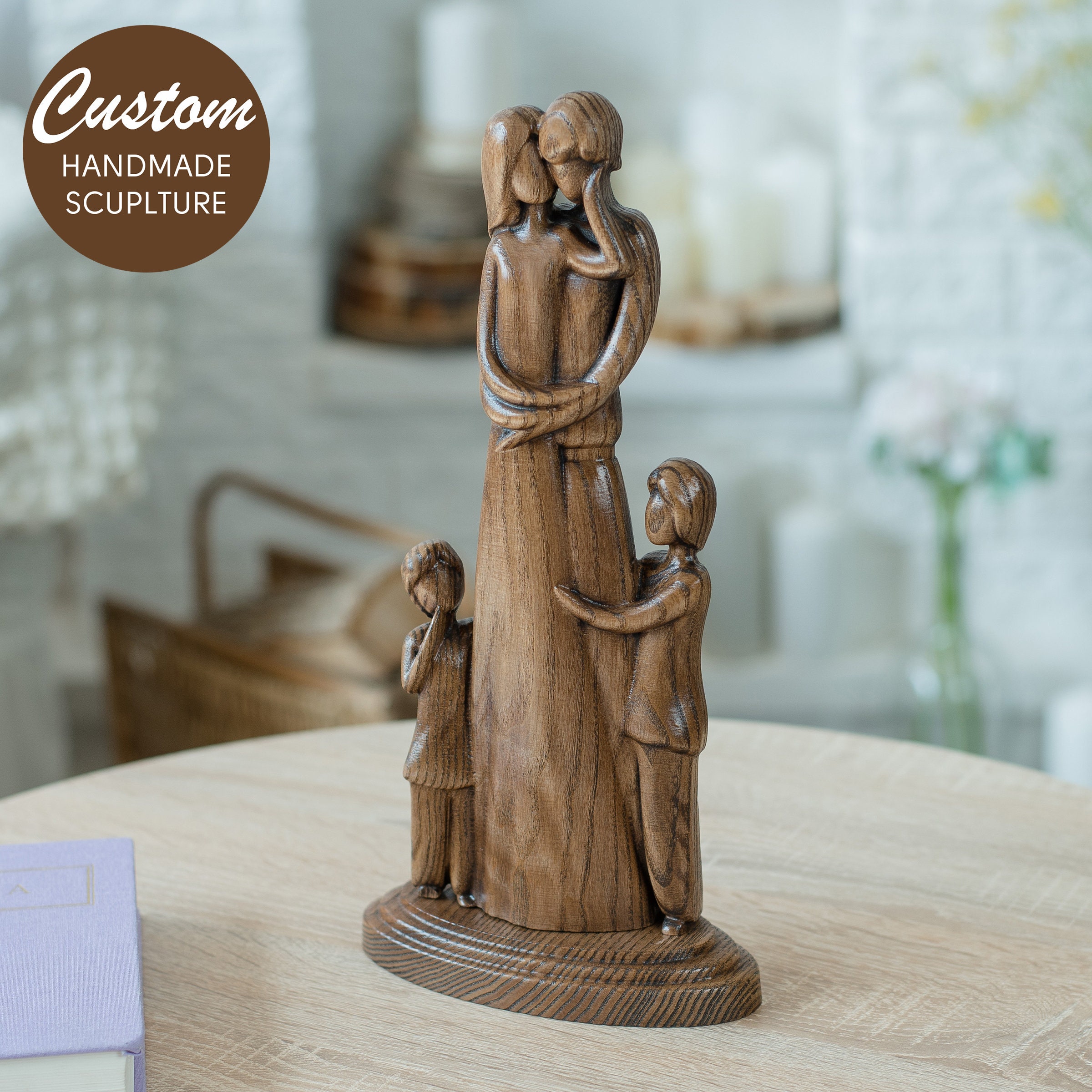 Family Wood Sculpture, 12"Wood Figurines, Custom Carving, Portrait, Statue Of 4, Carved Sculptures, With Kids