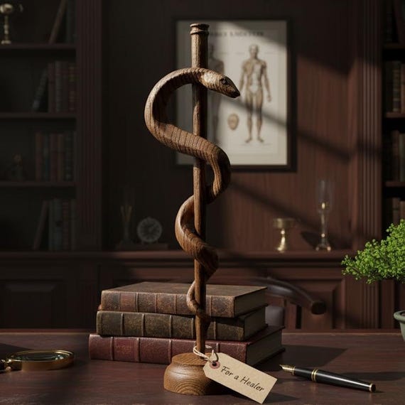 Wooden Rod of Asclepius Figurine | Medical Symbol Snake | Gift for New Doctor