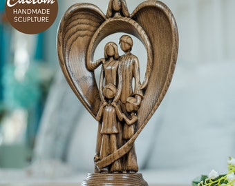 Angel with family statue, family wooden statue, wooden angel, wood decor, couple silhouette, wood decor