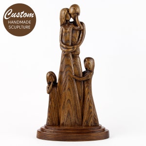 Family of 4 Sculpture, Parents with 2 Girls Statue, Custom Figurine of Family with Kids, Wooden Family Statue, Monogrammed Wood Portrait