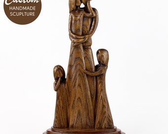 Family of 4 Sculpture, Parents with 2 Girls Statue, Custom Figurine of Family with Kids, Wooden Family Statue, Monogrammed Wood Portrait