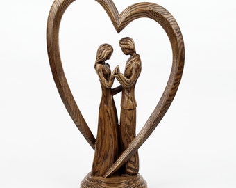 Couple wood statue, wedding wood statue, 5 year wedding gifts, wedding figurines, marriage sculpture, family sculpture, valentines day gift