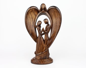 Couple silhouette, wood angel sculpture, married ornament, romantic engagement, lovers statue