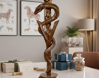 Veterinary Doctor Gift - Staff of Asclepius Wooden Figurine - Medical Symbol Rod of Asclepius - DVM Graguation Gift - Veterinary Room Decor