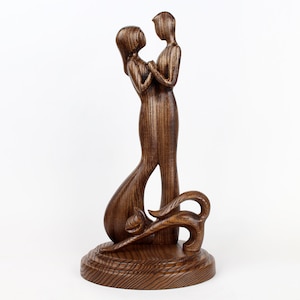 Wooden carving couple with cat figurines, couple silhouette, сat lover gift, love sculpture, 5th wedding anniversary gift for her