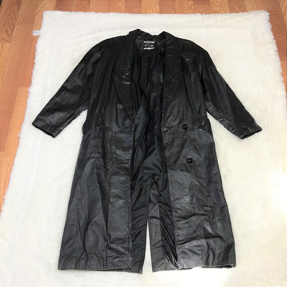 Vintage 80s Black Leather Jacket Duster Coat