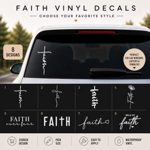 Può includere: Decalcomanie in vinile bianche con la parola "Faith" in vari stili, tra cui disegni a croce e script. Le decalcomanie sono adatte per finestrini di auto, laptop e bicchieri. L'immagine mostra otto diversi design tra cui scegliere.