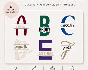 Personalisierte Split Monogramm Name Aufkleber: Holografische Vinyl-Aufkleber