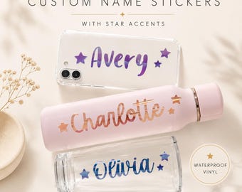 Personalized Holographic Name Stickers with Stars | Custom Decals for Cups, Bottles, Laptops and More