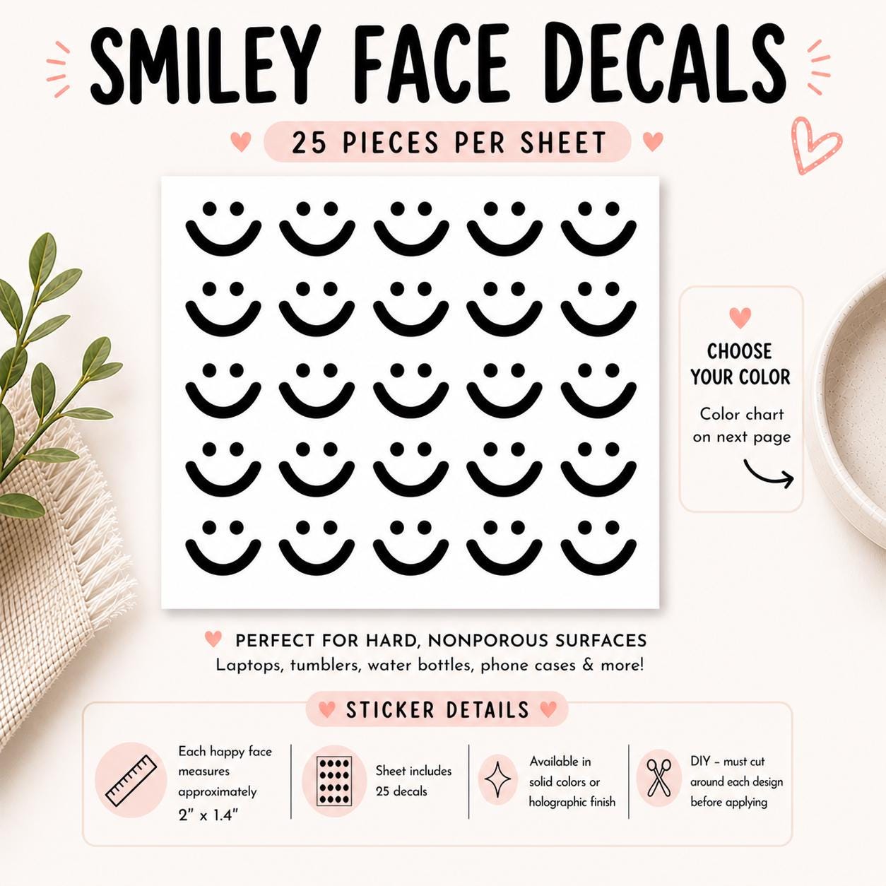 DIY Smiley Face Decal Sticker Sheet | 25 Vinyl Happy Smiley Stickers ...