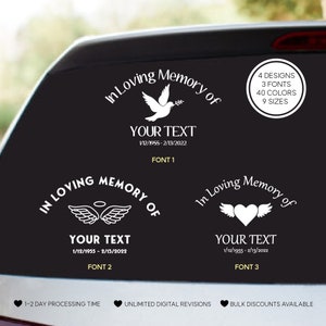 Décalcomanie en vinyle In Loving Memory – Sticker commémoratif personnalisé avec colombe, ailes d'ange, coeur ou mains en prière | Sticker vitre de voiture personnalisé