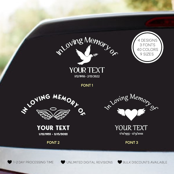 In Loving Memory Vinyl Decal Stickers | Personalized In Loving Memory Car Decals with Dove, Angel Wings, Heart, or Praying Hands