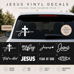 Puede incluir: Calcomanías de vinilo blanco con varios diseños con la palabra «Jesús» y frases relacionadas. Las calcomanías son adecuadas para ventanas de automóviles, computadoras portátiles y vasos. Se muestran ocho estilos diferentes, incluido una cruz y las palabras «Jesus Vibes».