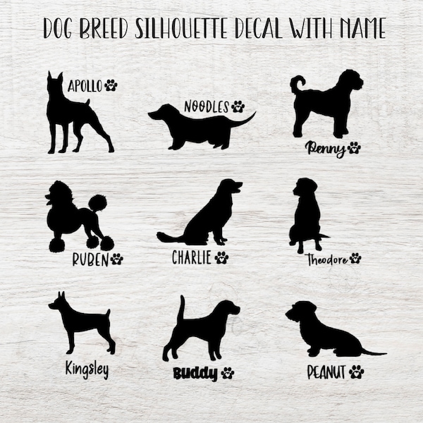 Personalized Dog Breed Silhouette Decal with Name / Custom Dog Vinyl Stickers / Custom Pet Vinyl Stickers