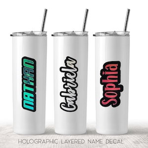 Adesivo holográfico com nome em camadas | Adesivo com nome em camadas com sombra preta | Adesivo com nome em camadas com arco-íris | Adesivo com nome em camadas com pérolas
