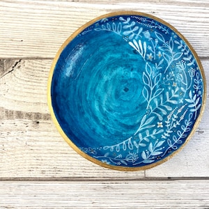 Blue and gold floral ring bowl. Large trinket dish. Blue ring holder. House warming gift for her. Best friend birthday gift. Desk tidy. image 1