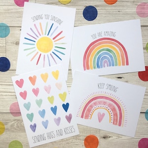 Positivity postcard pack of 4. Rainbow postcards. You are amazing. You are my sunshine.  Positive rainbow stationary postcards. Happy mail.
