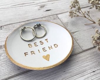 Best friend trinket dish. Best friends birthday gift. Just because gift. White and gold ring dish. I miss you letter box gift for her.
