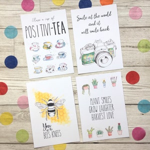 Positive postcard pack of 4. Kindness postcards. Good vibes stationary postcards. Positivity cards . Illustrated postcards.