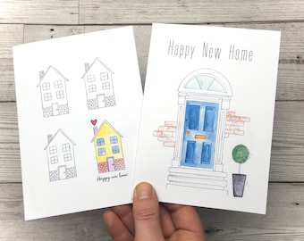 New home greeting card. Happy new home card. House warming card. Illustrated new home card. First house card.