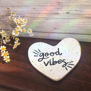 Good vibes ring dish, positivity gift idea, cheer up gift, pick me up gift, white ring dish, gold trinket dish, clay ring dish, gift idea