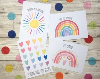 Positivity postcard pack of 4. Rainbow postcards. You are amazing. You are my sunshine.  Positive rainbow stationary postcards. Happy mail.