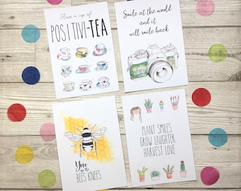 Positive postcard pack of 4. Kindness postcards. Good vibes stationary postcards. Positivity cards . Illustrated postcards.