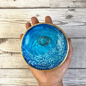 Blue and gold floral ring bowl. Large trinket dish. Blue ring holder. House warming gift for her. Best friend birthday gift. Desk tidy. image 7