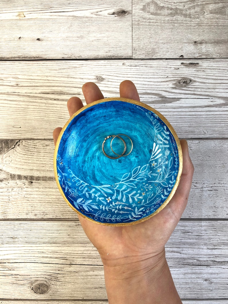 Blue and gold floral ring bowl. Large trinket dish. Blue ring holder. House warming gift for her. Best friend birthday gift. Desk tidy. image 7