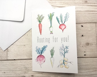 Rooting for you greeting card. Good luck card. Best wishes card. Illustrated vegetable greeting card. Funny pun card.