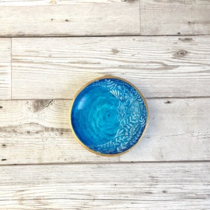 Blue and gold floral ring bowl. Large trinket dish. Blue ring holder. House warming gift for her. Best friend birthday gift. Desk tidy. image 2